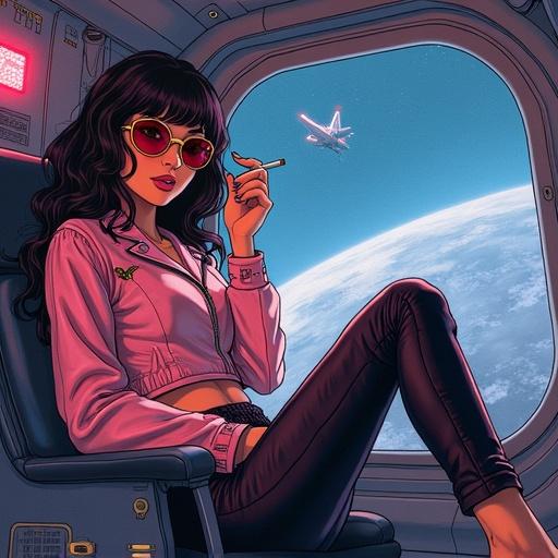 Watercolor illustration of a young woman in a pilot chair of a spaceship. She wears a glossy cropped jacket and fitted pants. Heart-shaped sunglasses on her face. A cigarette holder in her fingers. Behind her, a glowing space station and planet through the window. Neon lights reflect off cockpit panels. Artistic style inspired by Cowboy Bebop and Yuumei.