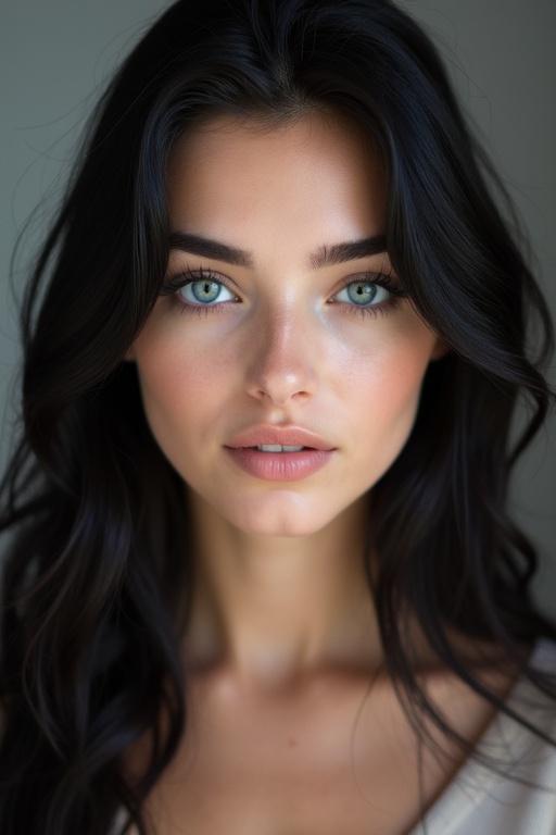 Portrait of a young woman with jet black hair and blue eyes. She has a smooth round chin. Soft studio lighting enhances her features. A neutral background highlights the symmetry of her face and eyes.