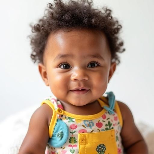 A very cute baby wearing colorful clothes. Close-up view shows head, neck, shoulders, chest, and belly. Baby looks straight at the camera with a gentle smile. Soft natural lighting with no shadows. Bright plain background.