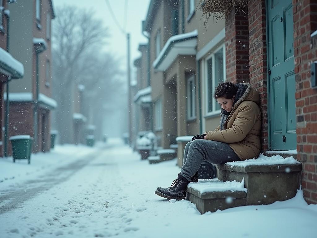 A person bundled up in a thick winter coat and scarf sits on snowy steps outside a building, lost in thought. The scene is set in an urban neighborhood street covered with a layer of fresh snow, creating a serene and contemplative mood. Snowflakes gently fall, adding a dreamlike quality to the environment.