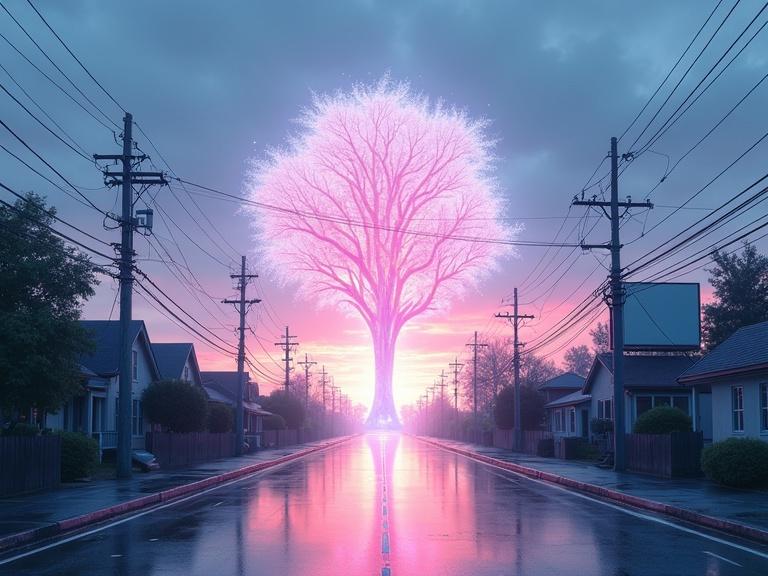 A rainy suburban street at dawn showcases wet asphalt reflecting the pale sky. Ordinary houses and electric poles are seen along the road. In the distance a colossal glowing semi-transparent tree made of light emerges. Its branches extend like neural pathways. The tree radiates soft pastel tones and glitch-like energy streams flow outward. The scene is stylized like a digital watercolor comic with high contrast inking and a dreamlike color grading. A billboard mirrors the scene creating a recursive visual loop. The mood is surreal and uncanny.
