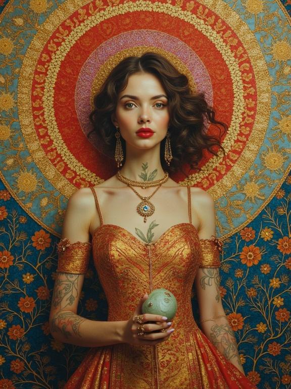 Portrait of a woman in a golden ornate dress. She holds an ornamental object. Background displays intricate patterns in rich colors. Focus on facial features and tattoos. Art influences visible.