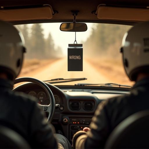 Interior of rally car view. Driver and co-driver wearing helmets. Dusty road visible through windshield. Milk carton labeled 'WRONG' hangs from rearview mirror. Rugged dashboard with analog dials. Warm sunlight filters through trees. Tension in atmosphere.
