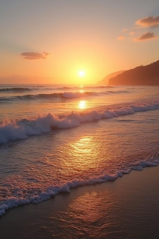 A breathtaking sunrise over the ocean with golden hues reflecting on the water. Gentle waves lap at the shore. A clear sky features a few scattered clouds.