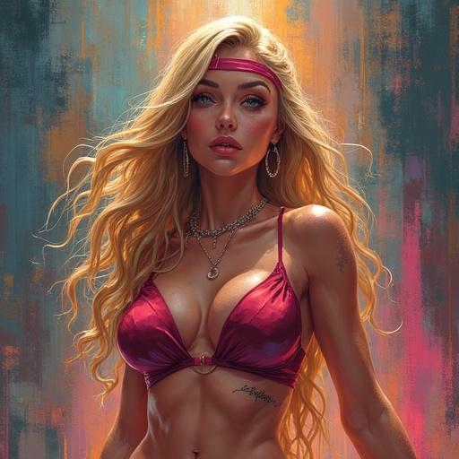 Girl with long blonde hair in a vibrant red outfit. Highlighted features and dramatic lighting create a captivating portrait. Background is colorful and artistic.