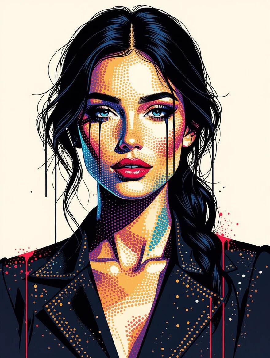 Striking portrait combines pointillism and ink dripping styles. Human figure rendered through colored dots forming facial features. Ink drips from hairline shoulders blending detail and spontaneity. High contrast lighting with neutral background emphasizes texture color flow.