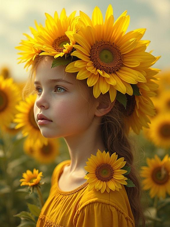 Digital image of a girl surrounded by sunflowers. Focus on the girl's innocence and nature connection. Sunflowers create a striking visual composition.