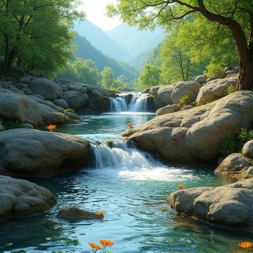 A clear waterfall flows down from rocks forming a winding stream. Stream ripples between stones with orange wildflowers. Stacked round rocks surround the water. Dense green forest covers the mountains in the background. Sunlight filters through leaves creating light spots on the water.