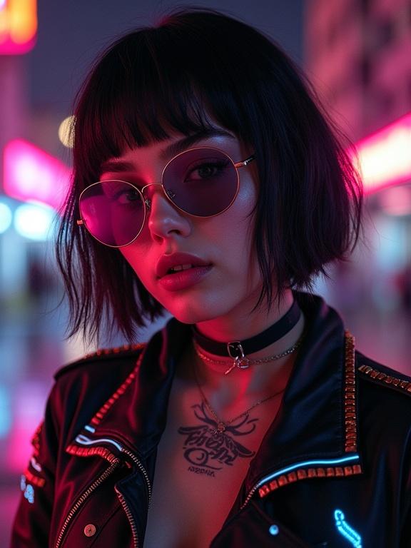 Full body image of a girl in a cyberpunk setting. Features futuristic sunglasses and a bomber jacket with glowing stripes. Focus on heavy makeup, realistic skin, and a chic hairstyle. Tattoos on the neck with night beach background.