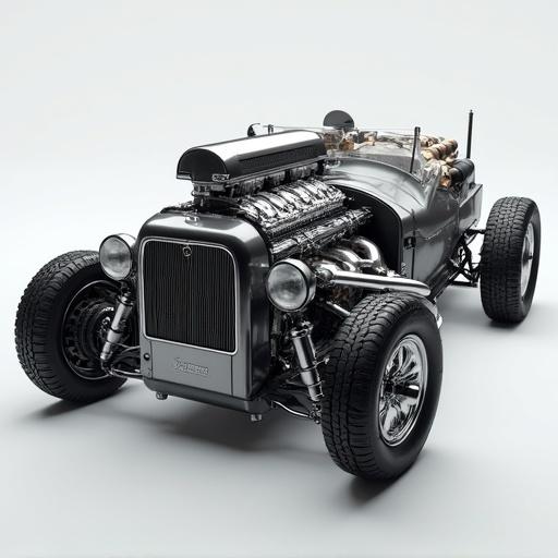 Detailed 3D model showing the engine of a car prominently with a classic design and chrome features.