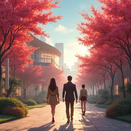 Anime style illustration set in 2030 during a summer morning. Modern luxurious party district features cherry blossoms. Citizens dressed in rich and edgy fashion walk in a vibrant outdoor environment.