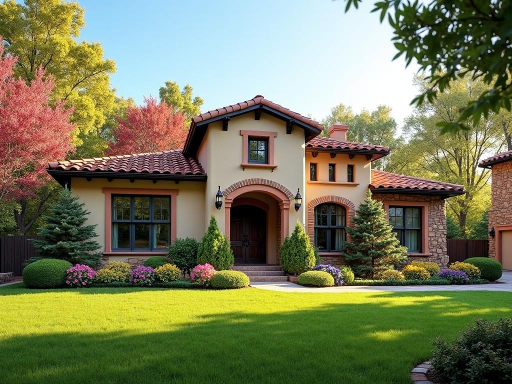 A beautiful Spanish-style suburban house with a well-maintained front yard, featuring lush green grass, colorful flowers, and a few trees. The house has a red tile roof and a cream-colored facade. The scene is set in a peaceful neighborhood on a sunny day.