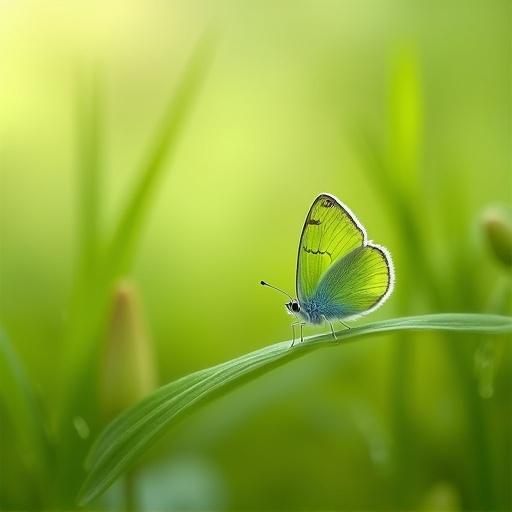 Photograph features a green butterfly with white edges on wings. Butterfly perches on a green leaf. Soft focus background includes light green and yellow hues. Natural light creates a serene atmosphere. Close-up shot shows wings slightly open. Butterfly has black spots. Fine details in wings and gentle colors enhance the scene. Blurred grass and plants provide context. Overall tranquil and peaceful mood.