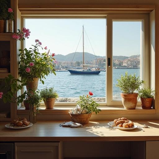 Daytime by the sea. A picturesque Mediterranean landscape. A chilled glass of light beer with foam and condensation. A light wooden table with neatly arranged slices of Basturma. A distant white yacht and flying seagulls. Soft natural light enhances the texture of the meat and drink. Super realistic style. Attention to detail. Format story for Instagram.