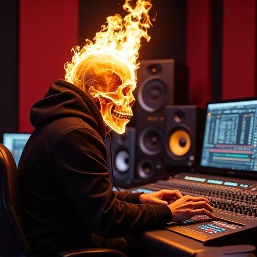 man with a flaming skull head sits behind a mixing console in a high tech recording studio