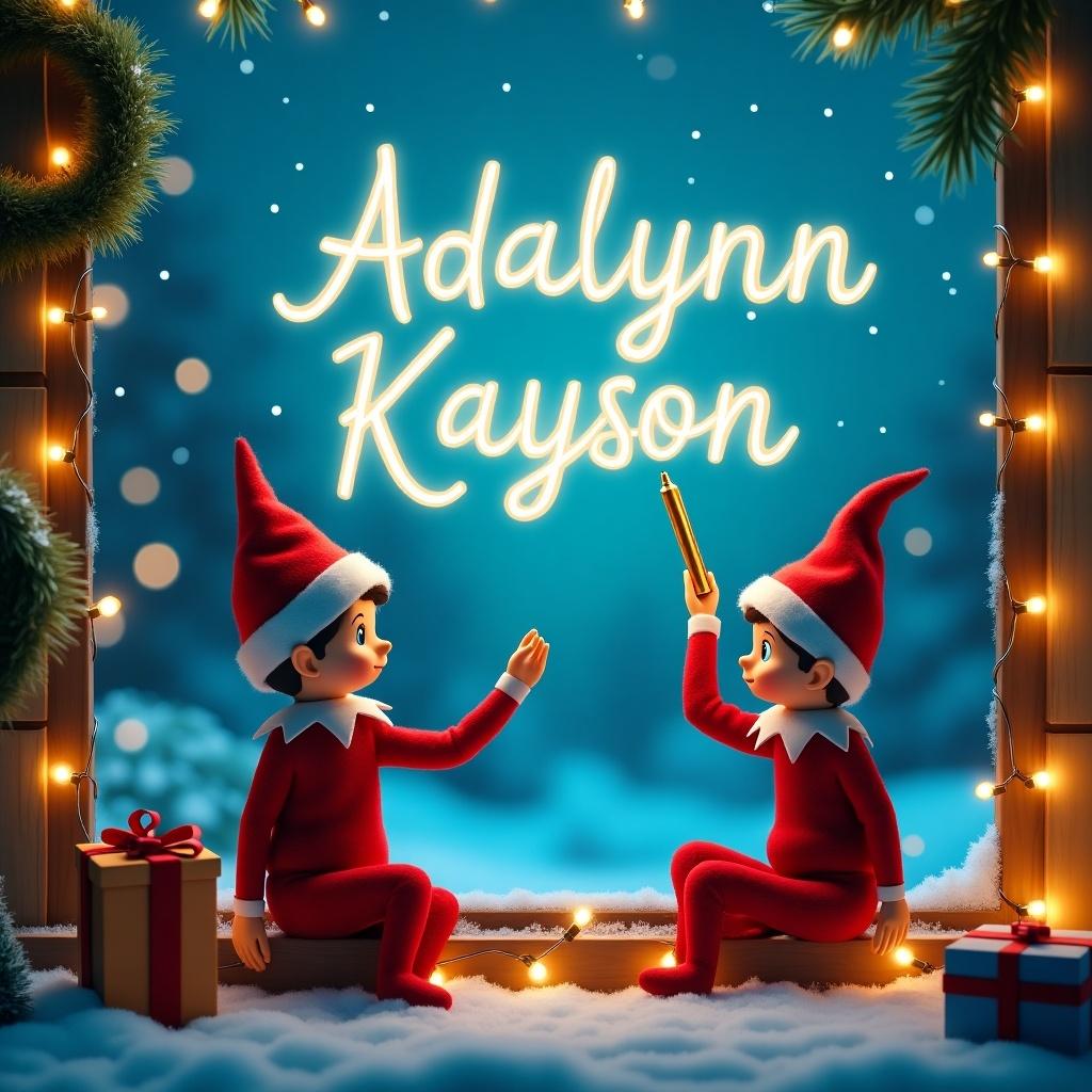 The scene depicts a charming Christmas setting with a neon blue sky and a snowy ground. Two cheerful elves on the shelf are joyfully writing the names 'Adalynn' and 'Kayson' in the sky using a golden pen. The background is adorned with twinkling Christmas lights, a festive wreath, and a beautifully wrapped gift box. Each elf is dressed in a bright red outfit and a matching hat, exuding holiday spirit. The scene is illuminated with a warm glow, enhancing the cozy and magical atmosphere of the holiday season.