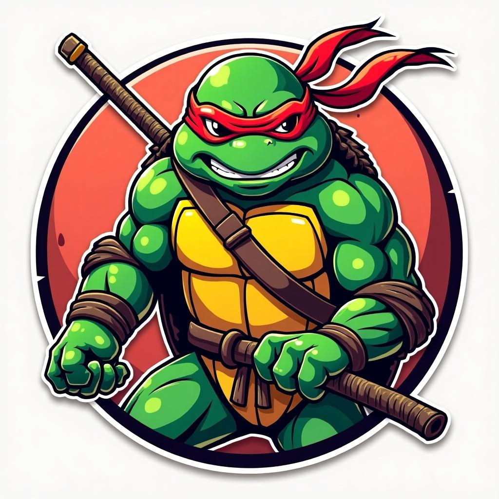 Character from Teenage Mutant Ninja Turtles depicted in a vibrant cartoon style as a logo. Michaelangelo with a red mask and colorful design. The logo has a 3D effect.