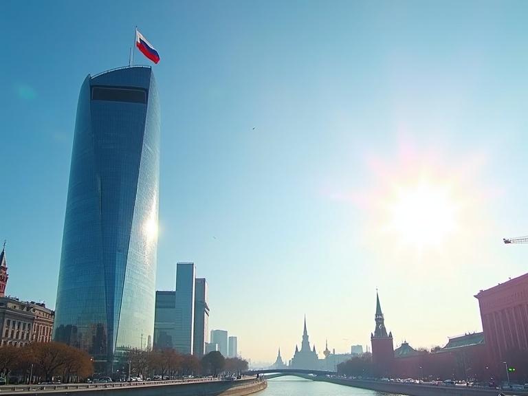 Modern majestic glass tower in heart of Moscow on sunny morning. Tower reflects bright sunlight. Surrounded by bustling cityscape with Red Square in distance. Russian flag flutters atop tower under clear blue sky. Dynamic urban atmosphere. Cinematic style with sharp focus.
