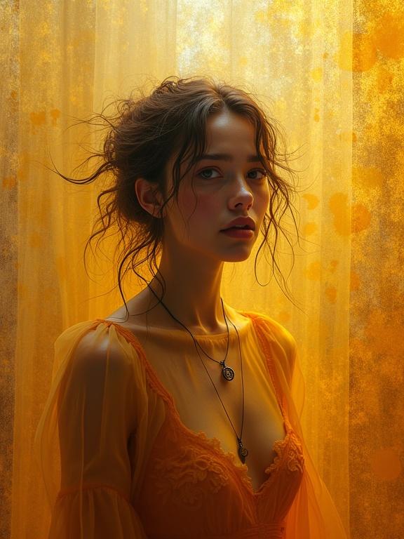 A stunning see-through portrait with a focus on the subject's face. Warm hues of amber and gold create an ethereal atmosphere. The expression reflects deep disappointment and astonishment. Abstract patterns enhance the surreal feel of the image. High-quality, sharp details.