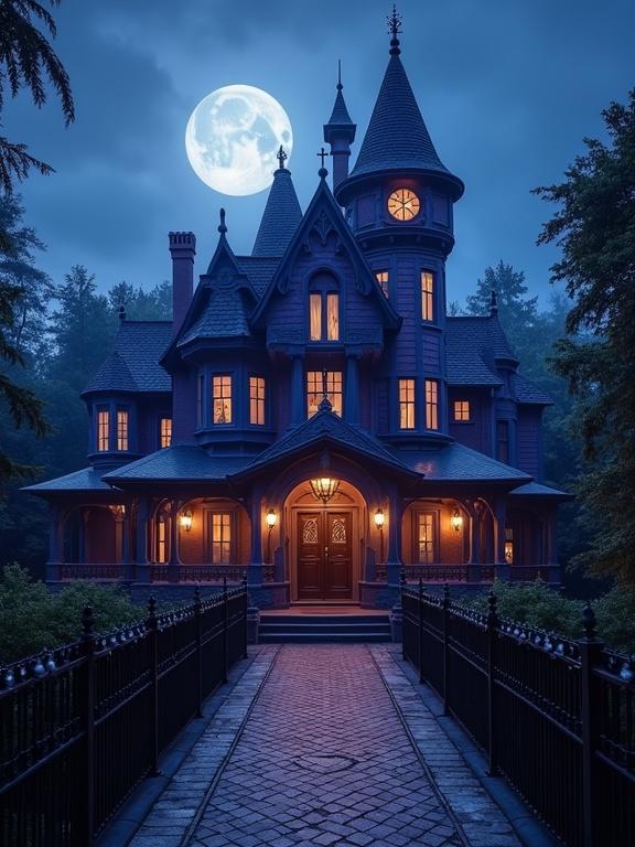 A Victorian mansion in a spooky setting at night. Brightly lit windows contrast with dark blue moonlit sky. Full moon visible. Dense trees surround the area. A bridge leads to the front entrance.