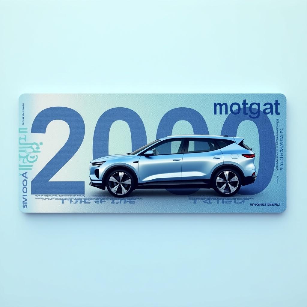 Hyper-realistic custom currency note for Motopia. Features large number 2000. Sleek modern car replaces traditional portrait. Background has blue gradient. Intricate patterns and security features included. Motopia logo integrated into design. Luxurious and professional feel.