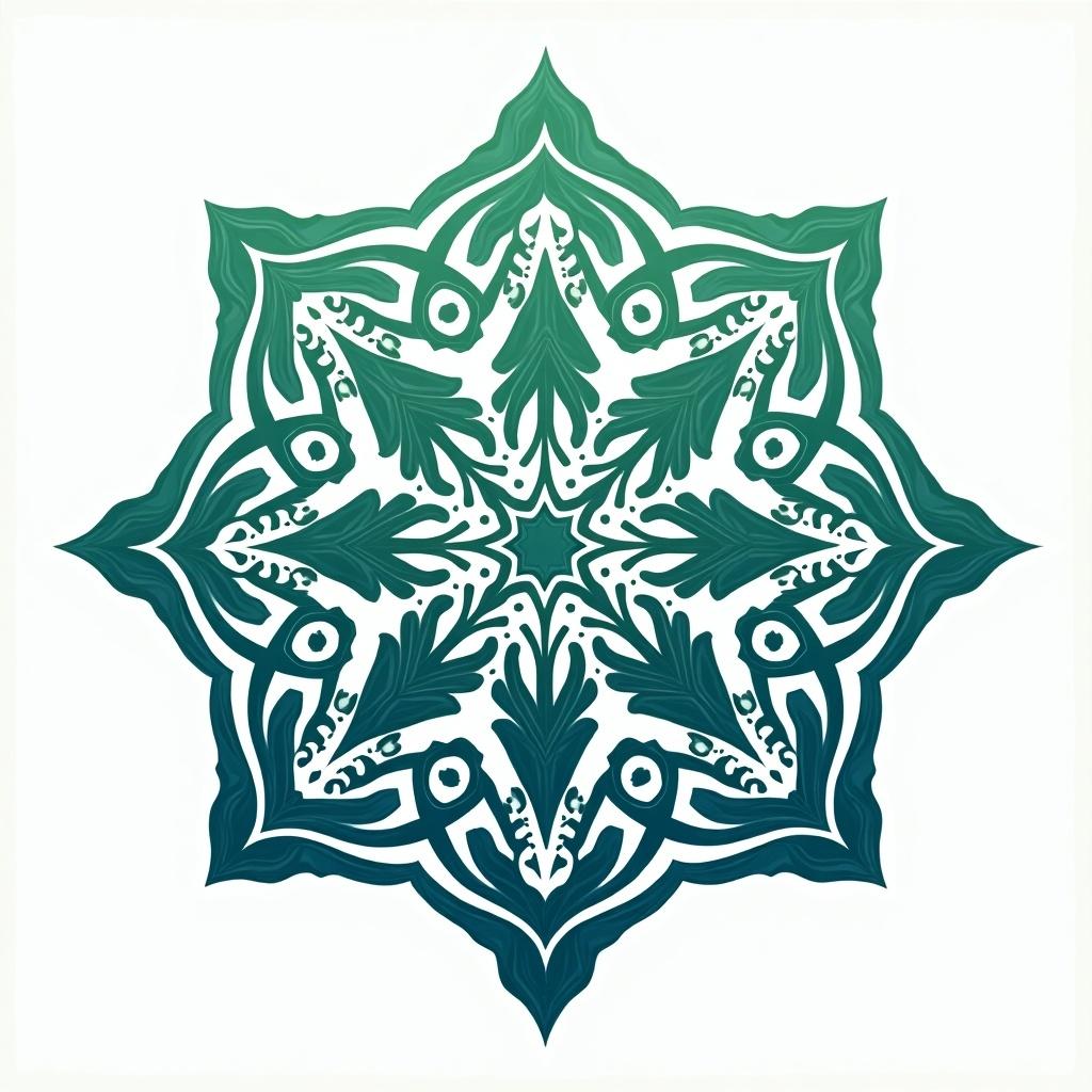 This image features a beautiful design inspired by Ayatul Kursi in Islamic calligraphy. The artwork incorporates intricate geometric patterns, showcasing a star shape. It is adorned in harmonious shades of blue and green. The background is soft, allowing the design to stand out vividly. The symmetry and elegance of the patterns reflect traditional Islamic artistry, ideal for decor or religious purposes.