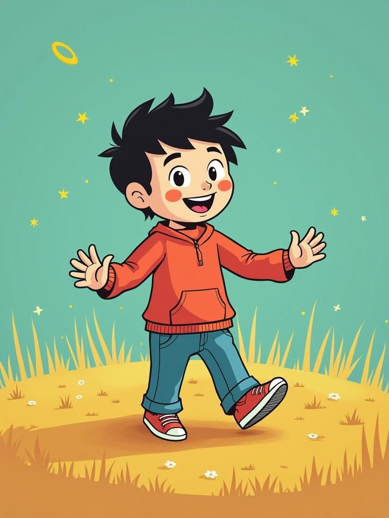 Cartoon boy smiles with outstretched hands. He has black spiky hair and rosy cheeks. Wearing an orange hoodie and blue jeans. Background has a whimsical turquoise color with stars and grass.