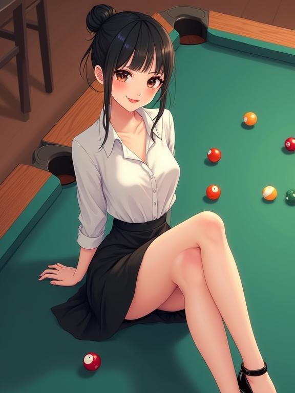 A mid-20s East Asian woman in a realistic-kawaii anime style. She sits elegantly on a pool table. Her jade white legs are in sheer black pantyhose. Black closed-toe heels with ankle straps. Dressed in a crisp white blouse and a black knee-length skirt. Her hair is in a neat bun. She smiles gently, embodying serene confidence.