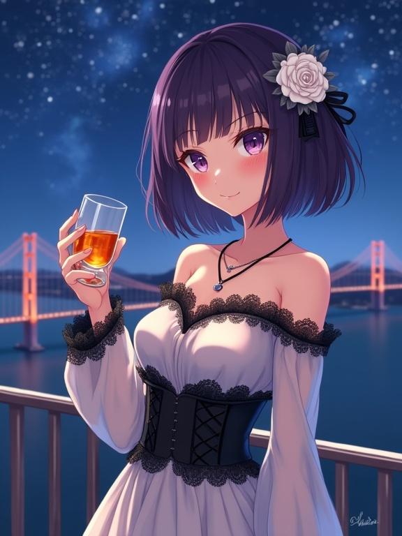 Anime woman on veranda at seaside hotel. Holding glass of amber liquor. Confident smile. Dark violet hair with white rose. Off-shoulder dress with lace. Night sky with Akashi Kaikyō Bridge. Milky Way visible.