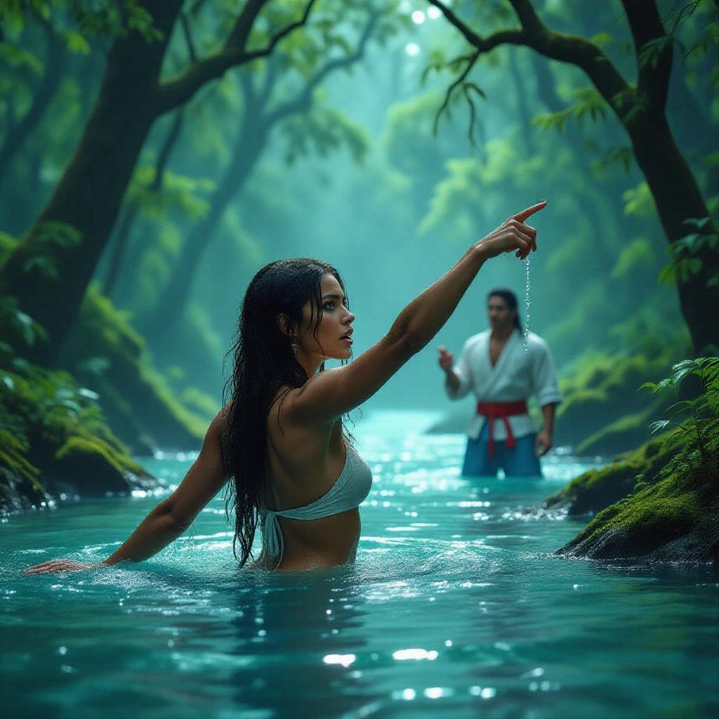 Young woman in a mystical river with a forest background. She is waist-deep, raising one arm to point. Expression shows surprise and embarrassment. Behind her, a Dominican man stands shocked. Scene has cinematic and magical elements. Full color in anime manhwa style.