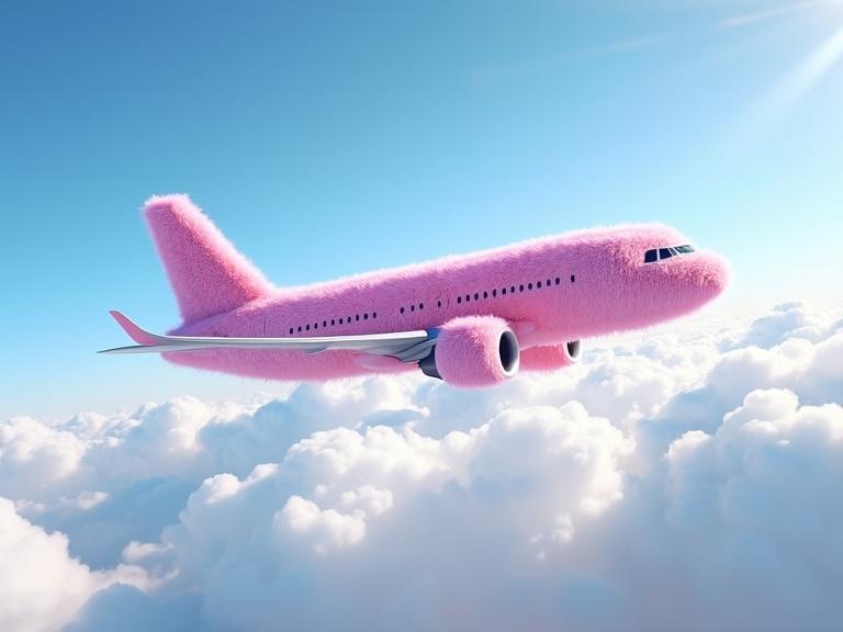A fluffy pink commercial airplane flies high above the clouds. The airplane is covered in detailed soft pink fur. Sunlight highlights and shadows cast over the fur surface. The scene has a vibrant blue sky with scattered cumulus clouds. This is a whimsical, cinematic view combining realism and surreal charm. Airplane windows and engines remain visible, contrasting the furry surface. The atmosphere feels clean and bright.