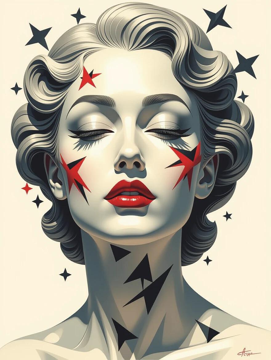 A structured 3D figure of a woman emerges from darkness. The artwork features an abstract style. Stark contrasts dominate the composition. A perfect example of dark art.