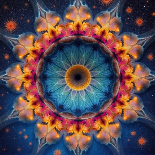 Giant eye centered in image formed by fractal patterns of flower of life and sacred geometry. The pupil reflects the entire universe with civilizations, stars, and entangled DNA in a dance of contrasting yet balanced colors. Image structured by a golden spiral ratio.