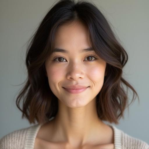 Young woman smiling gently with shoulder-length dark brown hair. Soft, delicate features and a calm expression. Light skin tone and relaxed posture facing the camera.