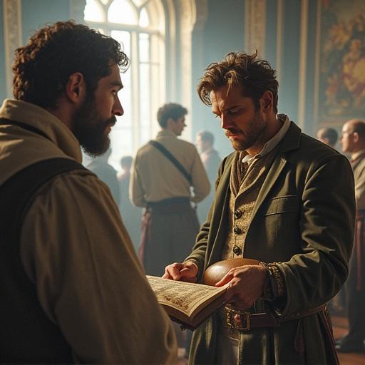 Two men in period costumes discuss over an old book in a room with historical decor. The setting is warm and inviting with soft lighting.