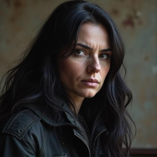 A woman with long hair and an intense expression. She wears a dark jacket. The background is blurred and has a vintage texture. The lighting is soft, creating shadows on her face.