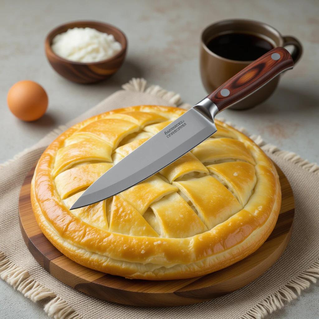 Knife placed on a golden round pie on a wooden cutting board. Coffee cup in the background. Egg and bowl of cottage cheese nearby.