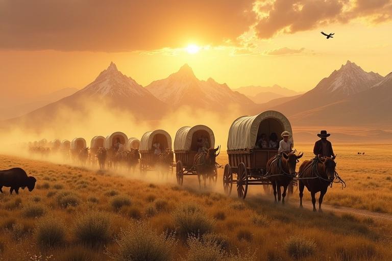 A long caravan of wooden wagons covered with white canvas winds through the golden prairie at sunset. Settlers guide wagons pulled by massive oxen. The majestic Rocky Mountains are visible in the distance. A pioneer family stands in the foreground, with a mother holding a child and a father pointing toward the horizon. Dust rises around the wagons, as the prairie has tall grasses and wildflowers. A herd of buffalo is seen in the distance, and an eagle circles above.