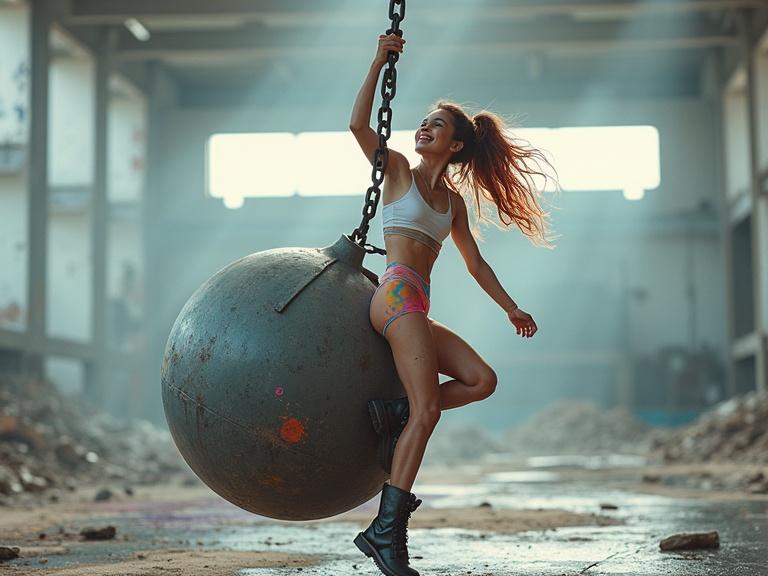 A young woman swings joyfully on a massive wrecking ball in an industrial space. She has long, colorful pigtails and an infectious smile. Wears a paint-splattered crop top, colorful shorts, and dark combat boots. The setting features colorful paint splashes and scattered debris with dynamic lighting and shadows.