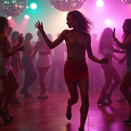 Adult women dancing in a vibrant disco club. Stylish form-fitting outfits shine with bold colors. High heels accentuate confident and playful expressions. Dynamic poses under colorful neon lights. Sparkling disco ball reflects light on a crowded dance floor. Groove of a retro 70s disco vibe. Beams of light cut through smoky air. High detail and realistic style.