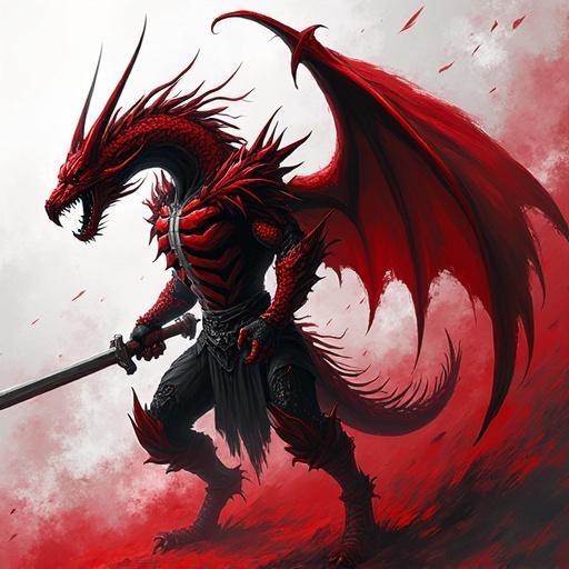 Aberrant Deviljho as a fierce dragon character. Features red and white colors. Styled in Hollow Knight art. Character stands with a sword. Aggressive pose and detailed armor.