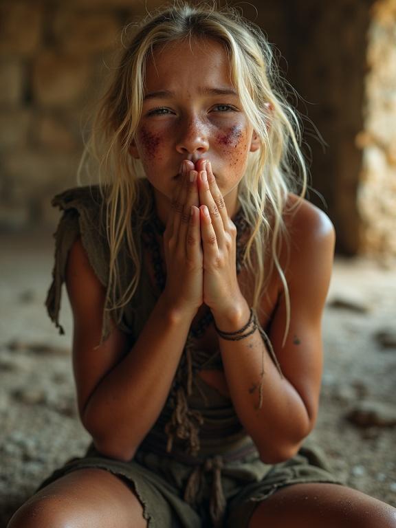 Close-up of young sad warrior girl. Bruises dirt on face. Shiny tanned skin. Hands raised. Eyes closed. Sits on stone in ruined temple. Light from window on her. Proud of survival. Ancient cracked stone walls around her.