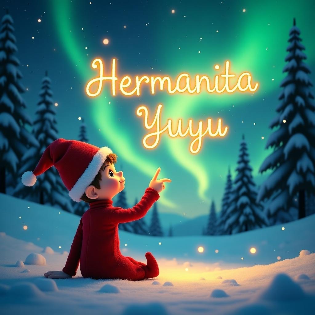 An enchanting scene featuring an elf in a red outfit sitting in the snow. The elf points upwards where the words 'Hermanita Yuyu' are written in golden light. Northern lights illuminate the background along with snow-covered pine trees. The atmosphere feels festive and whimsical, capturing the spirit of Christmas and joy of personalized names in the sky.