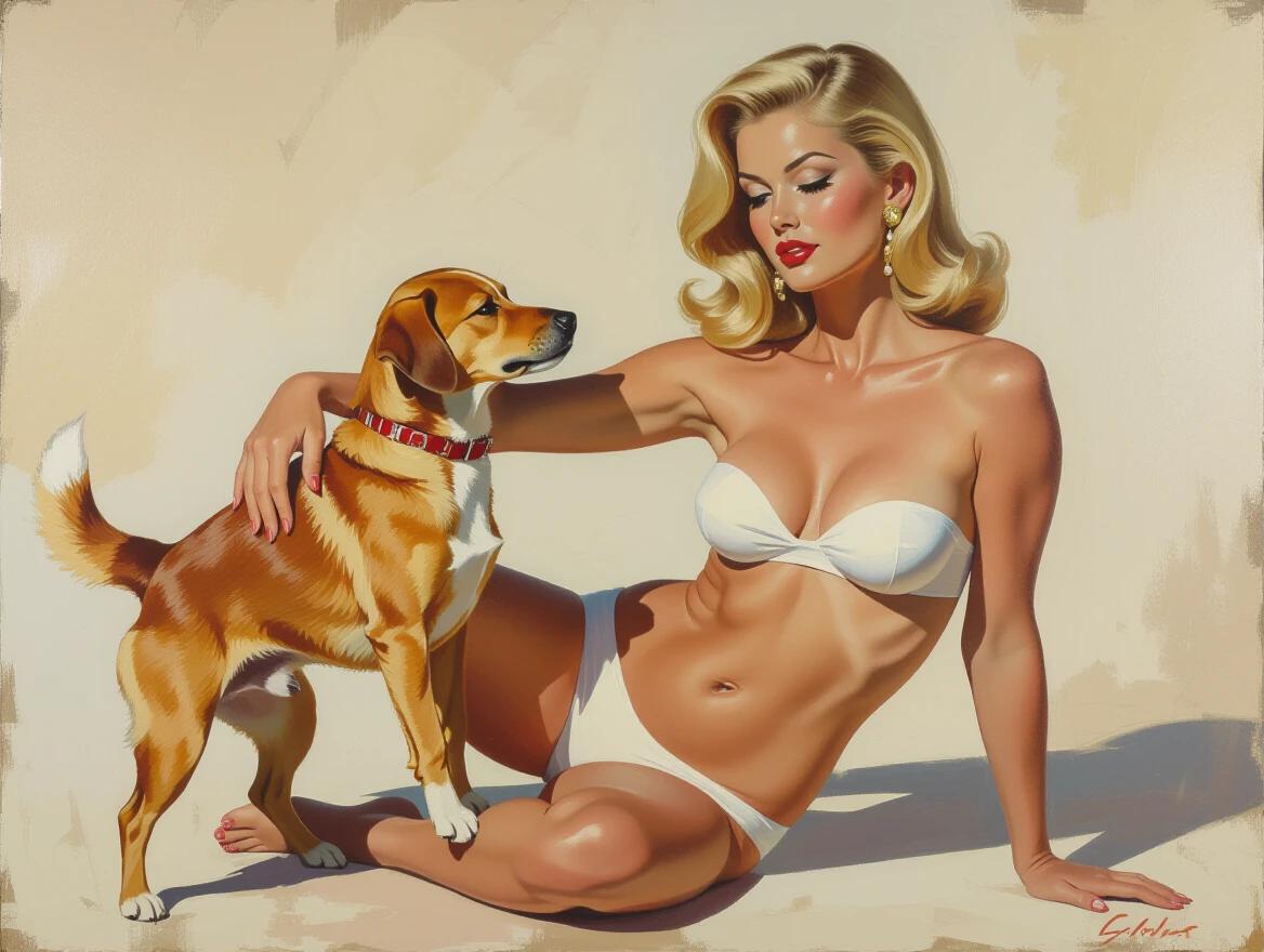 Image of a fit woman posing with a dog in a playful manner. Scene depicts a feminine model with blonde hair and a bikini. Abstract painting style highlights curves of the body. Artistic use of color and dramatic lighting creates a romantic feel.