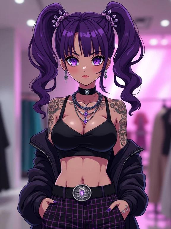 Illustration of a woman shopping in a luxurious Yves Saint Laurent boutique. She wears edgy plaid streetwear and a lot of amethyst jewelry. The setting is vibrant and modern. Hair is oversized and purple, styled in pigtails. The boutique reflects a hi-tech and neo-futuristic vibe. Tattoos adorn her arms.