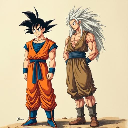 Leonardo da Vinci inspired drawing of Son Goku and Vegeta. Both characters shown in full body. Goku wears an orange outfit. Vegeta has long white hair and a brown outfit. The background is plain.