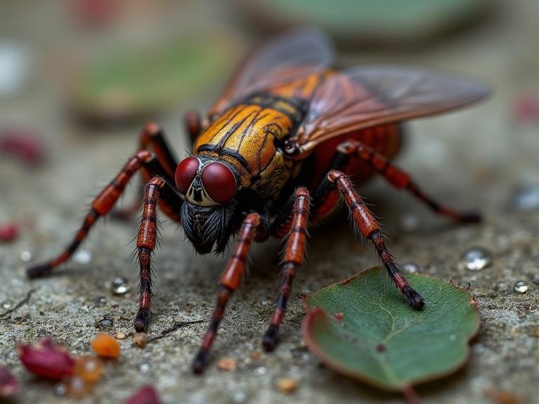 Close-up image of a fly showcasing vibrant details. The fly has red eyes and orange-brown body. It is surrounded by rose petals, a spiderweb, and a visible spider. Soft natural lighting highlights the insect's textures.