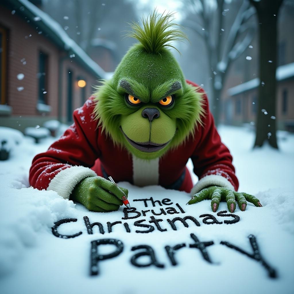 Grinch writing in snow the phrase The Brutal Christmas Party while looking directly at the viewer. Snowy landscape surrounds him with a winter vibe. Character shows a mischievous expression.