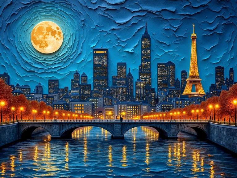 Nighttime scene of Paris with Eiffel Tower and city skyline. Full moon in the sky above. City lights reflecting on the river below. Textured layered art style with vibrant colors. Decorative elements creating a three-dimensional effect. Thick impasto layers give depth to the buildings. Hand-crafted looks combined with photorealism. Urban perspective view across a river with a bridge and trees illuminated by lights.