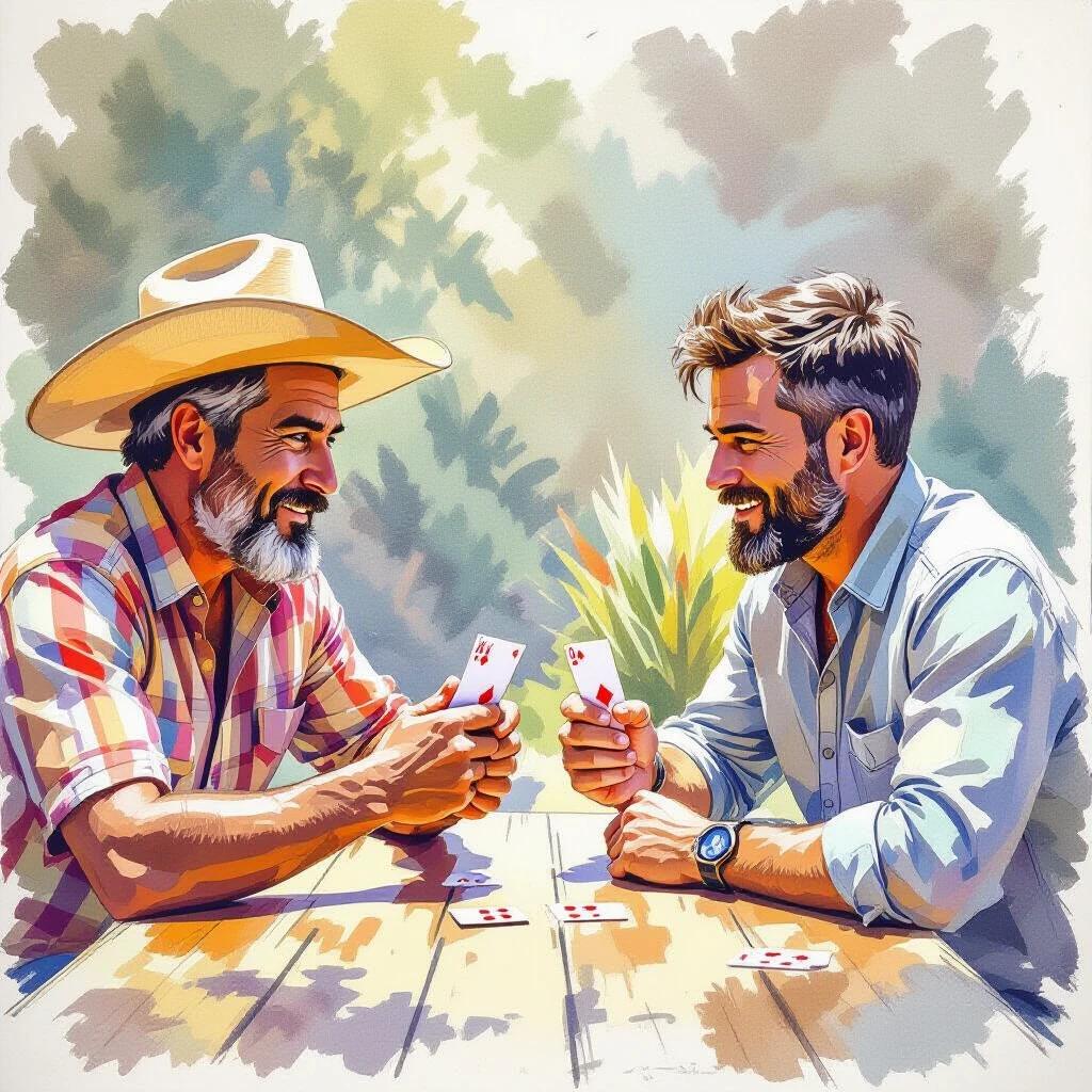 Two men in a game. One wears a cowboy hat and checks shirt. The other is in a casual shirt. Both smile and hold cards. Bright background. Outdoor setting. Characters appear relaxed and engaged.